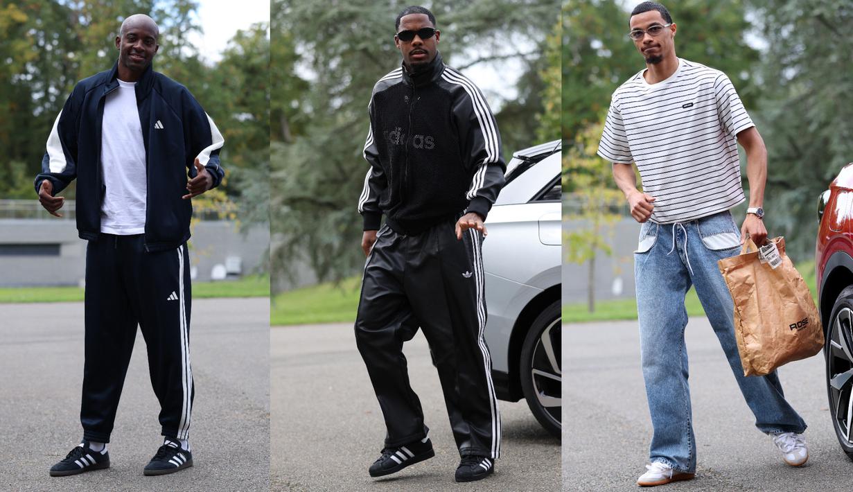 Foto kolase pemain Prancis, Jean-Philippe Mateta (kiri), Mike Maignan (tengah), dan Hugo Ekitike (kanan) saat kedatangan untuk pemusatan latihan menjelang laga Grup D Kualifikasi Piala Dunia 2026 zona Eropa melawan Azerbaijan dan Islandia di Clairefontaine-en-Yvelines, Prancis, Minggu (06/10/2025). (AFP/Franck Fife)