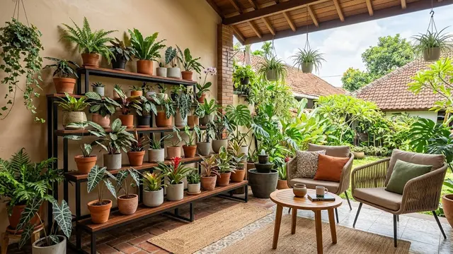 Desain Teras Rumah untuk Banyak Pot tetapi Tetap Ada Ruang Duduk/AI Generated