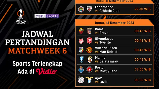 Jadwal pertandingan Liga Europa 2024/25 Matchweek 6 di Vidio