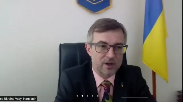 Duta Besar Ukraina untuk Indonesia, Vasyl Hamianin dalam pers briefing update perang Rusia Ukraina. (Screen Grab/Tanti Yulianingsih)