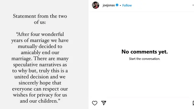 Pengumuman perceraian dari Joe Jonas dan Sophie Turner. (Instagram/ joejonas)