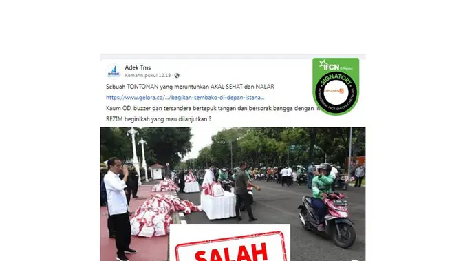 <p>Cek fakta Presiden Jokowi bagikan sembako di depan Istana Merdeka.</p>