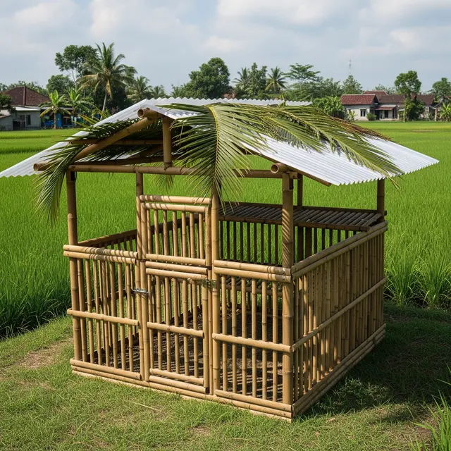 Model Kebun Ayam Umbaran dengan Pagar Sederhana di Desa (Image by Gemini AI)
