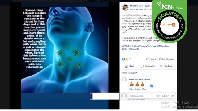 Hoaks kumur dicampur cuka bisa hilangkan covid-19. (Facebook/Military Boy)