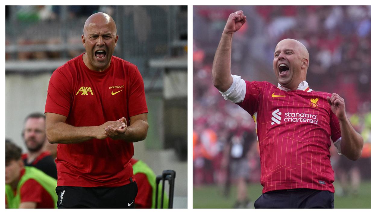 Arne Slot didapuk sebagai suksesor Jurgen Klopp sebagai pelatih Liverpool pada musim 2024/2025. Seperti diketahui, Slot tak banyak merombak pemain-pemain inti The Reds yang biasa dimainkan oleh Klopp. Hal tersebut membuahkan penampilan solid Liverpool sejak awal musim. The Reds memastikan gelar juara Liga Inggris pada pekan ke-34 dengan raihan 82 poin atau terpaut 15 angka dari Arsenal sebagai runner up. Ia juga tercatat sebagai pelatih Belanda pertama yang berhasil meraih gelar Liga Inggris. (Foto kolase: AFP)