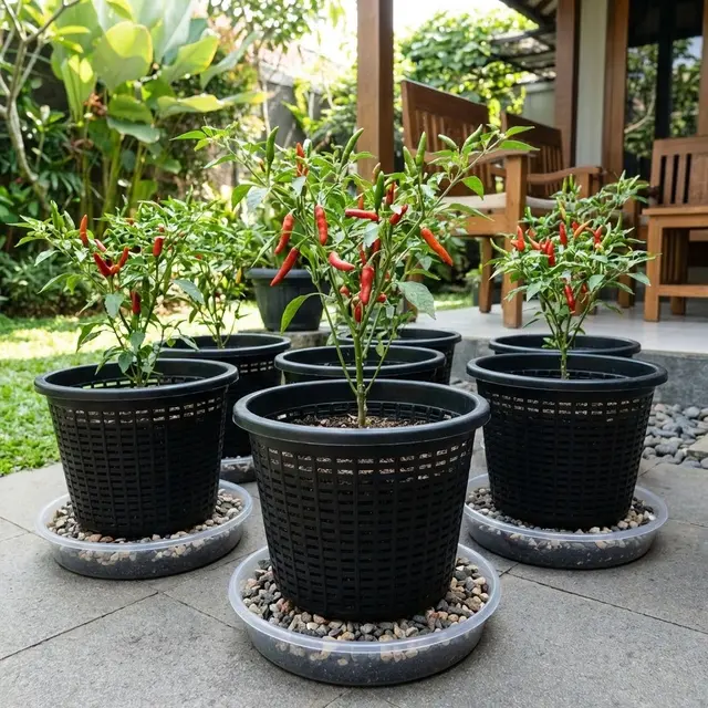 Desain Kebun Cabai Pakai Keranjang Plastik Bekas Anti Becek