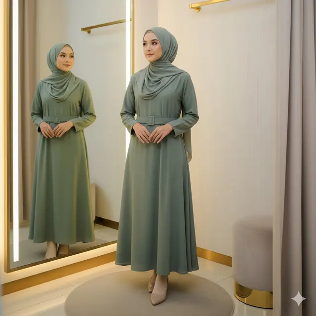 Midi Dress Belted Warna Sage Green yang Praktis