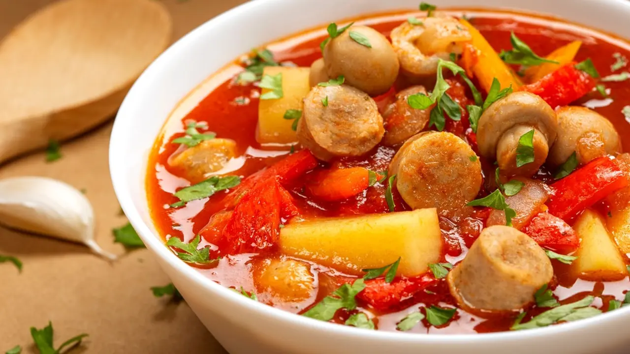 sup merah sosis sayur