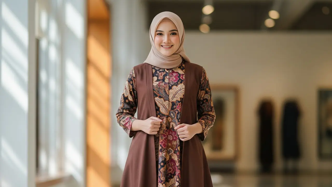 Tren Gamis Batik Hijab dengan Outer Rompi