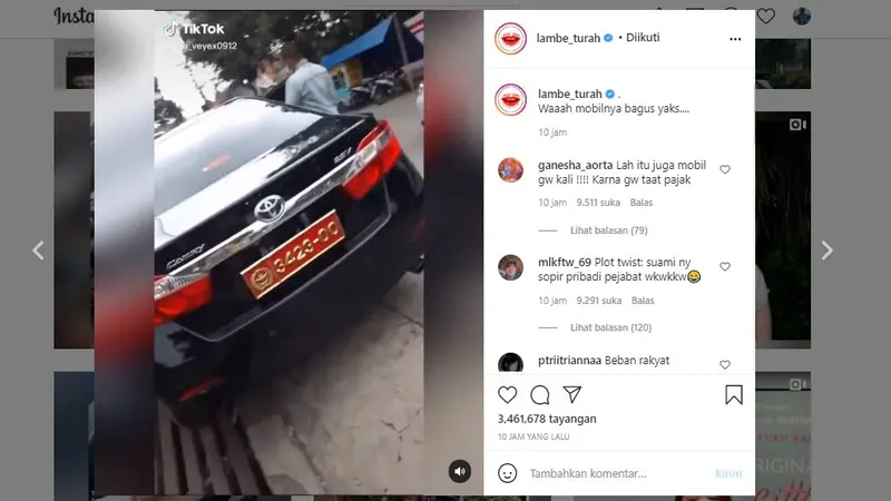 Tangkapan layar viral wanita pamer mobil berpelat dinas TNI