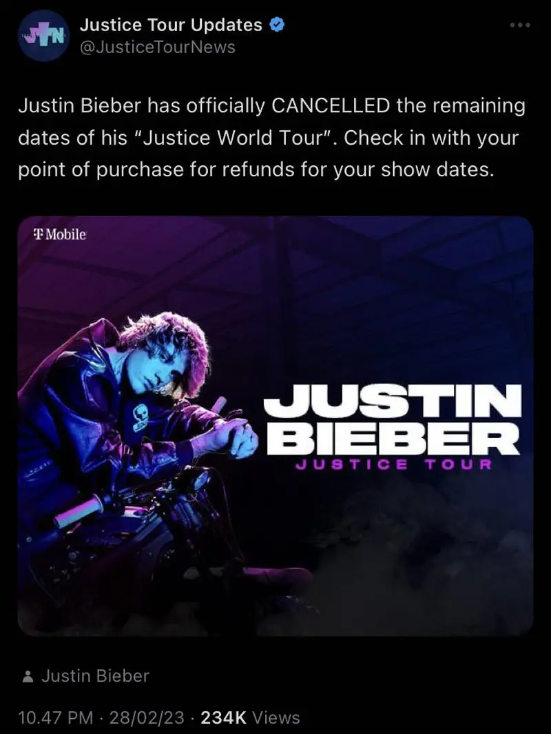 [Justin Bieber resmi membatalkan Justice World Tour. (Twitter/JusticeTourNews)