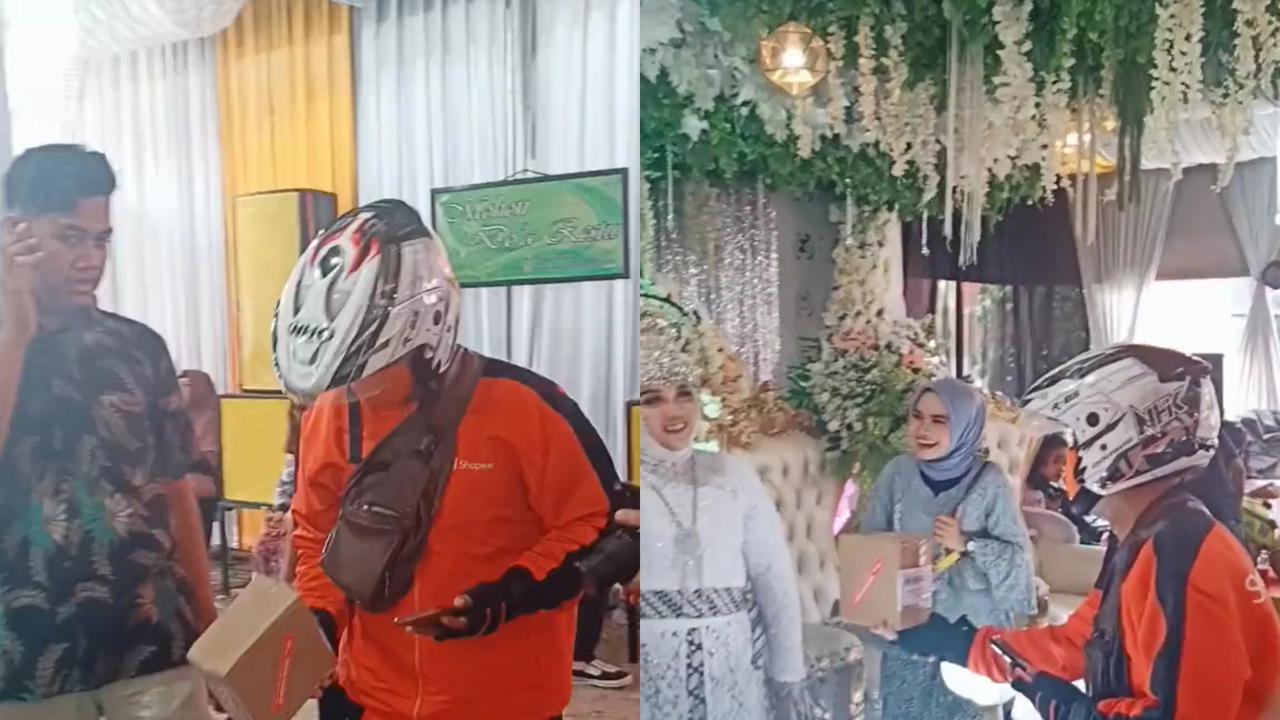Momen lucu pengantin wanita terima paket saat pesta pernikahan.