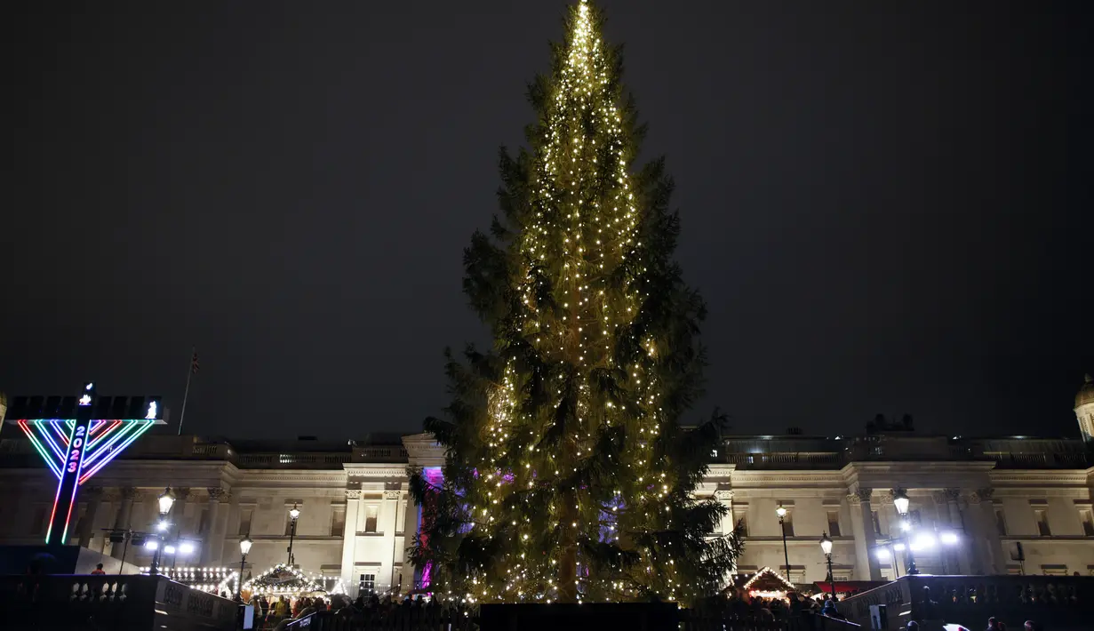 Pemandangan pohon Natal Trafalgar Square usai upacara penyalaan tahunan di London, Kamis, 7 Desember 2023. (AP Photo/David Cliff)