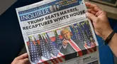 Sebuah foto menunjukkan halaman depan sebuah surat kabar di Manila, Filipina pada tanggal 7 November 2024 yang menunjukkan berita utama tentang terpilihnya kembali Donald Trump sebagai Presiden Amerika Serikat. (JAM STA ROSA/AFP)