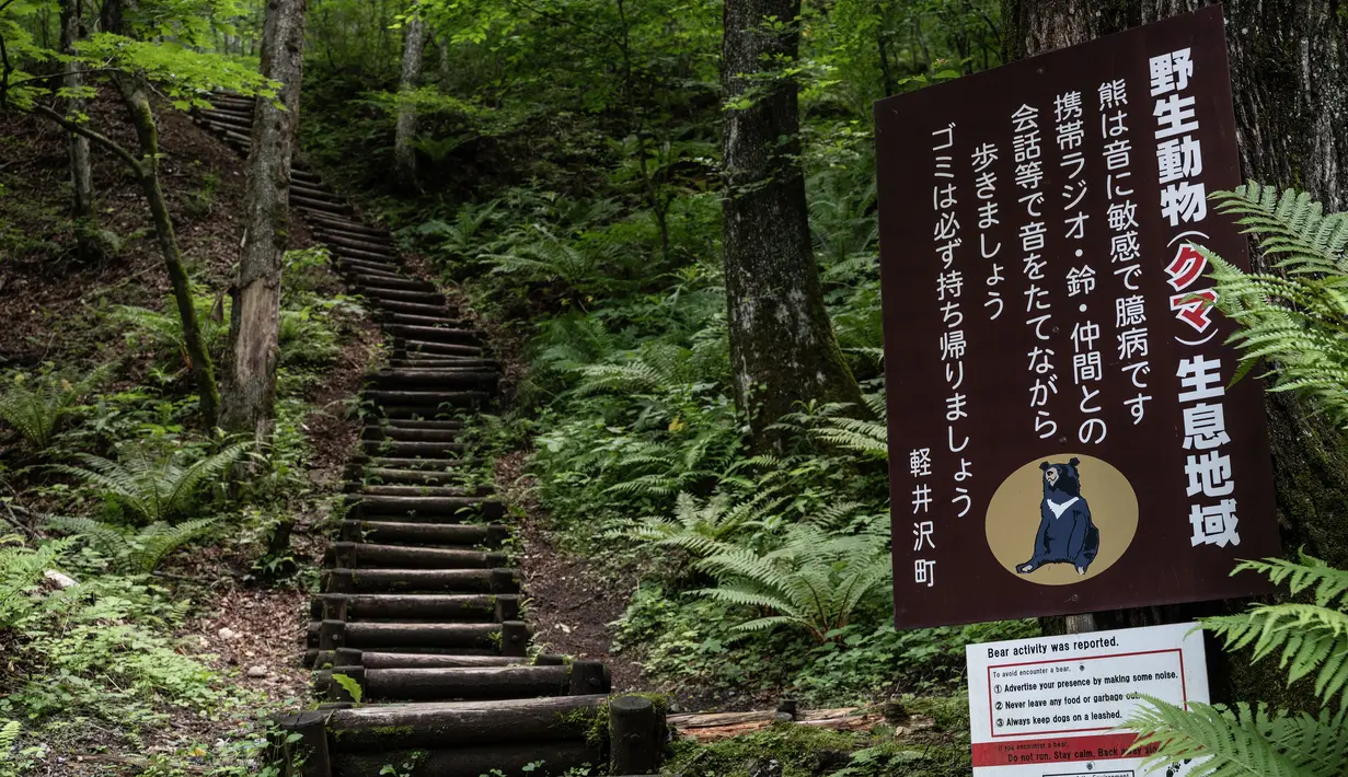 Tanda peringatan bagi pejalan kaki tentang beruang di Air Terjun Shiraito, di utara kota resor Karuizawa, prefektur Nagano. (AFP/Richard A. Brooks)