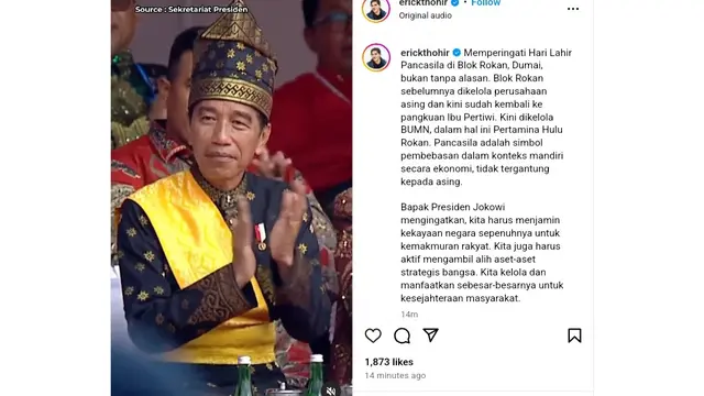 Unggahan Menteri BUMN Erick Thohir saat memperingati Hari Lahir Pancasila melalui akun Instagram @erickthohir, Sabtu (1/6/2024). (Arief/Liputan6.com)