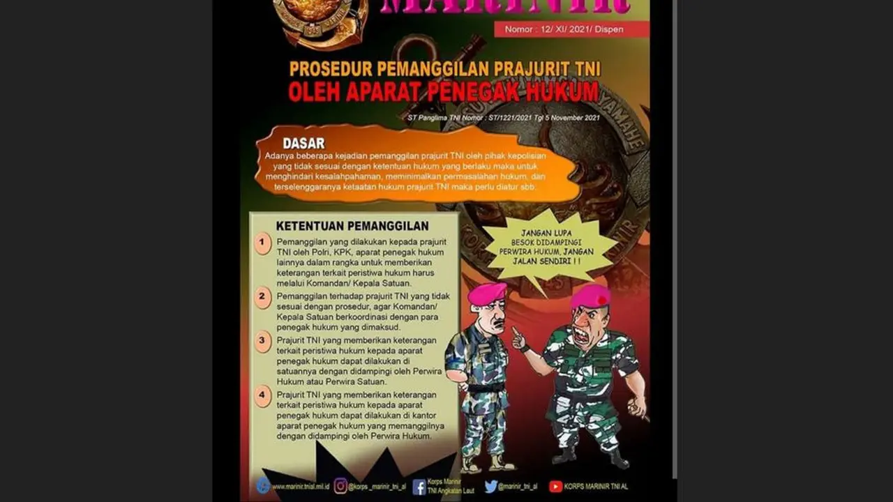 Prosedur pemanggilan prajurit TNI oleh aparat penegak hukum yang diunggah di sosial media