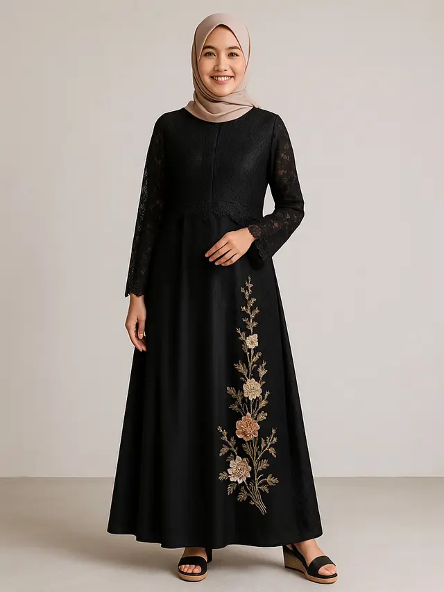 Model Gamis Hitam Kombinasi Bordir/Ilustrasi AI