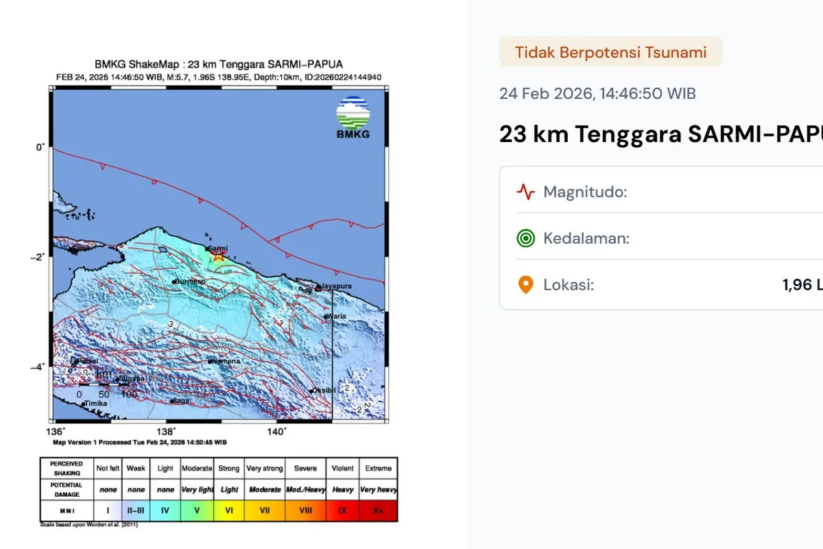 Gempa hari ini, Selasa (24/2/2026) pukul 14:46:50 WIB membuat wilayah Kabupaten Sarmi, Provinsi Papua.