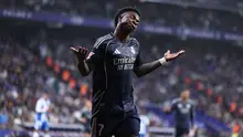 Gelar juara Liga Spanyol musim 2025/2026 milik Barcelona harus ditangguhkan setelah Vinicius Jr berhasil membawa Real Madrid meraih kemenangan atas Espanyol. (AFP/Josep Lago)