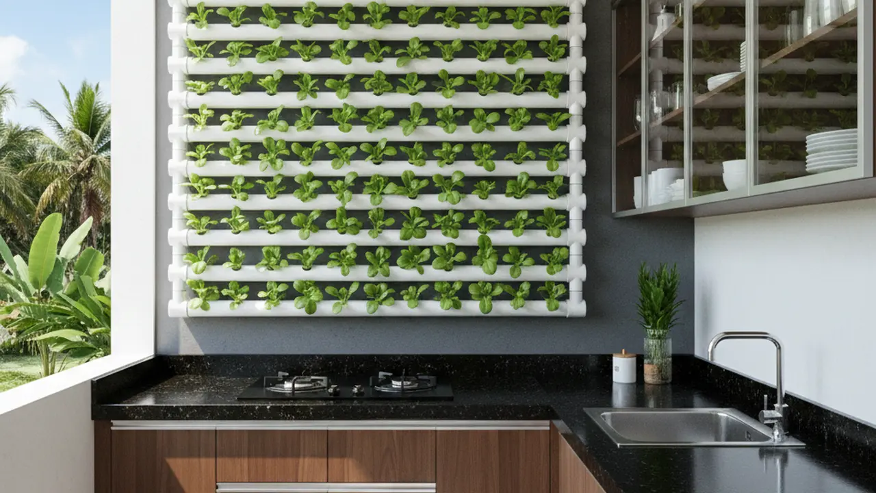 Inspirasi Desain Dapur Semi Terbuka Menyatu dengan Kebun Sayur Mini. AI