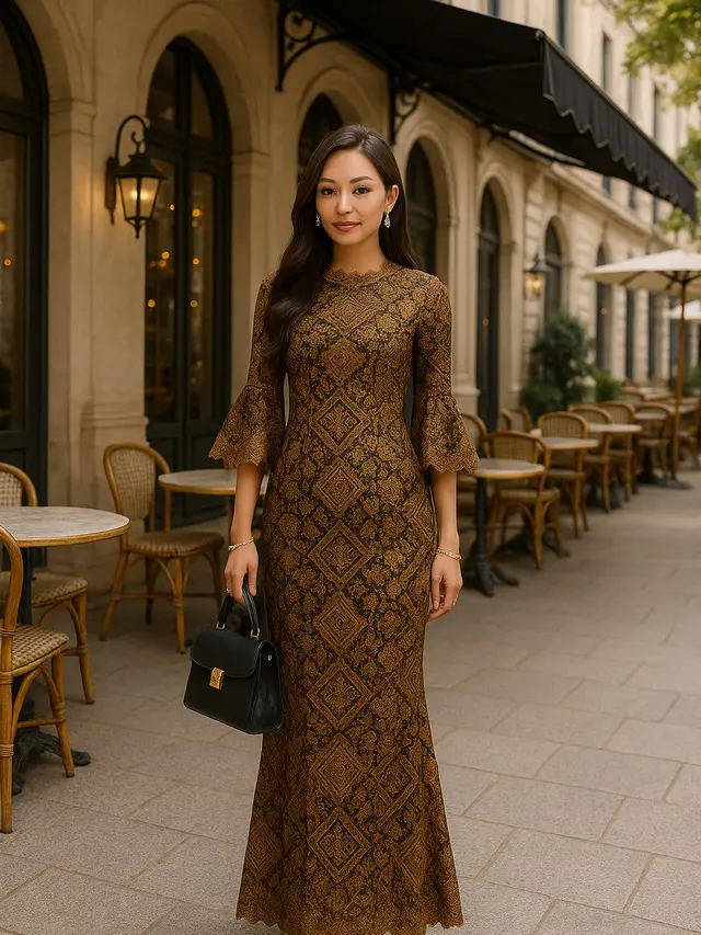 Pilihan Long Dress Batik Brokat Lengan Trompet