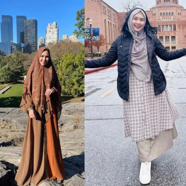 Gaya pakaian Kartika Putri dan Oki Setiana Dewi saat di Amerika Serikat/dok. (@kartikaputriworld/@okisetianadewi)