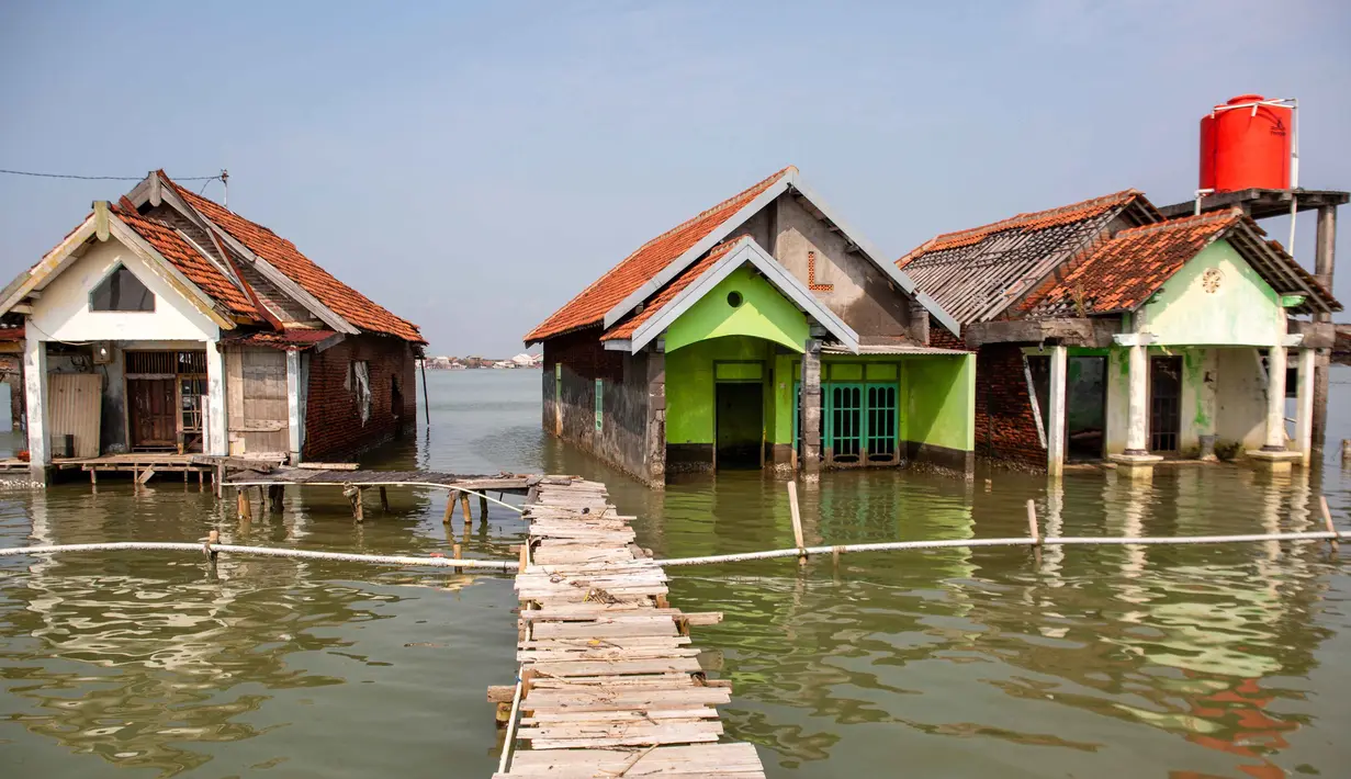 Kondisi ini menjadi cermin nyata dampak krisis iklim dan penurunan tanah yang melanda pesisir utara Jawa Tengah, khususnya Kabupaten Demak, Jawa Tengah. Tampak dalam foto, rumah-rumah masih sebagian terendam air laut akibat banjir pasang di desa Timbulsloko, Demak, Jawa Tengah pada Sabtu 18 April 2026. (DEVI RAHMAN/AFP)