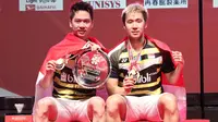 Ganda putra Indonesia, Kevin Sanjaya Sukamuljo/Marcus Fernaldi Gideon, menjuarai Jepang Terbuka 2018, Minggu (16/9/2018). (PBSI)