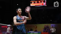 Tunggal putra Jonatan Christie saat melawan Wang Tzu-Wei (Chinnese Taipei) pada babak semifinal Daihatsu Indonesia Masters 2025 di Istora Gelora Bung Karno, Senayan, Jakarta, Sabtu (25/1/2025). (Liputan6.com/Herman Zakharia)