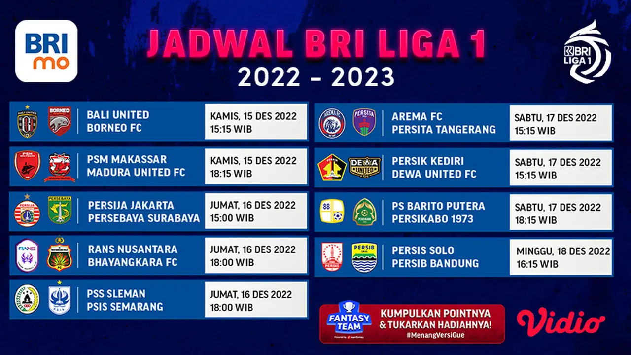 Link Live Streaming BRI Liga 1 Minggu ke-15  di Vidio, 15-18 Desember : Ada 9 Laga Seru