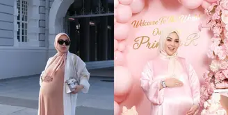 Detik-detik terakhir sebelum melahirkan, Syahrini membagikan foto OOTD bumil terakhirnya. Syahrini tampil elegan dengan dua busana berbeda, yakni dengan serba pink dan nude [@princessyahrini]