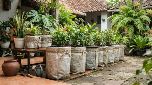 Ide pemanfaatan terpal bekas menjadi pot bunga di rumah