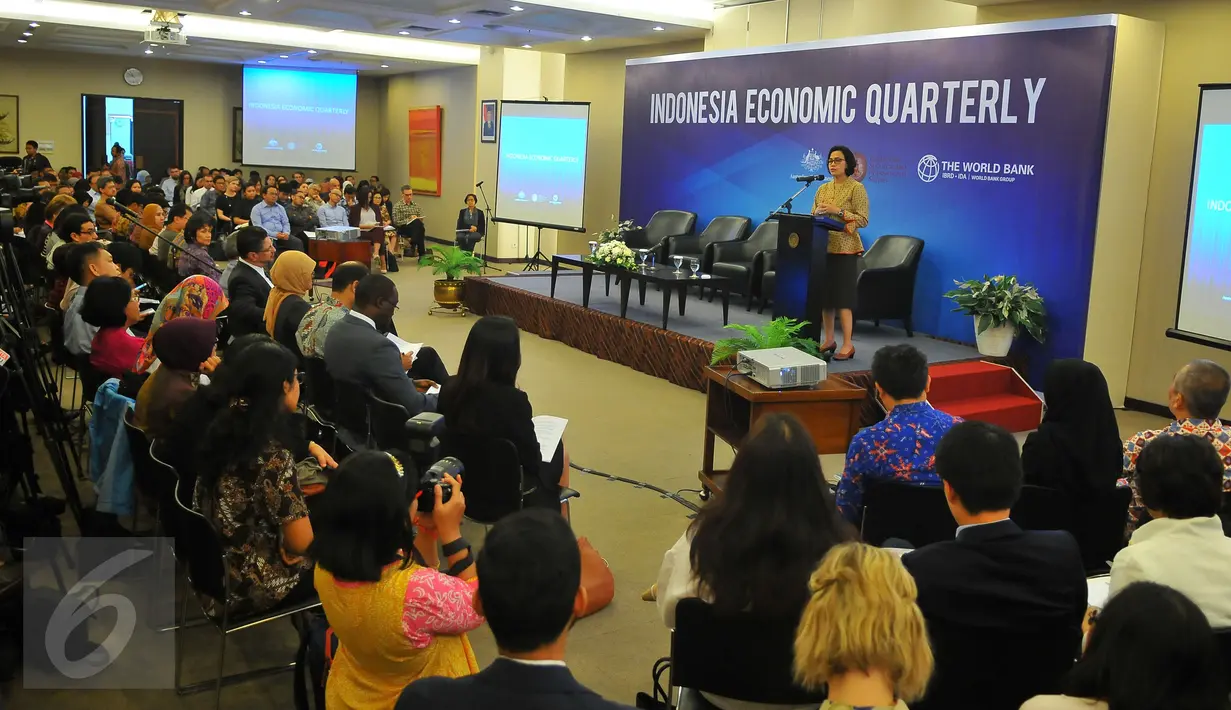 Suasana di Indonesia Economic Quarterly saat Menkeu Sri Mulyani memberikan pemaparan kebijakan Indonesia di Jakarta, Selasa (17/1). Potensi bagi Indonesia untuk tumbuh secara inklusif memiliki peluang yang cukup besar.(Liputan6.com/Angga Yuniar)