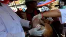 Petugas melakukan pengecekan gigi hewan kurban sapi di Jakarta, Jumat (24/8). Kambing dan sapi yang di jual di periksa untuk memastikan kesehatan dan kelayakan untuk dijadikan hewan kurban. (Liputan6.com/Johan Tallo)