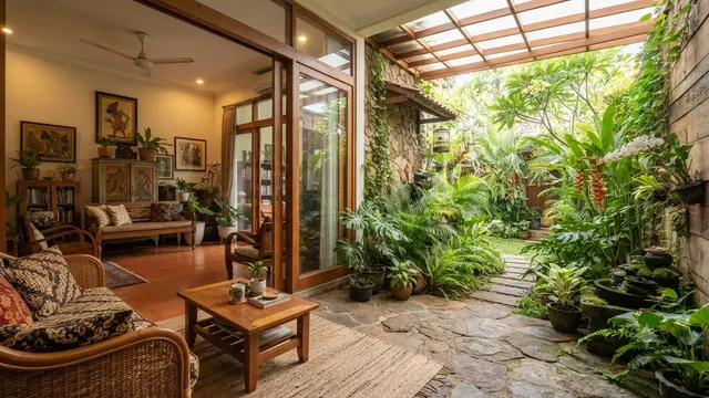 Rumah dengan Half Outdoor Living Room sebagai Tren Baru untuk Iklim Tropis Model Taman Samping Rumah