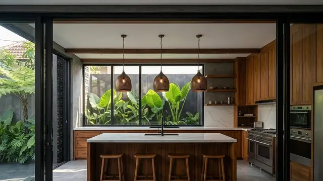 Dapur Kayu dengan Kitchen Island Multifungsi