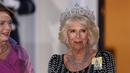 Permaisuri Camilla memperlihatkan gaya berbeda dengan mengenakan Tiara Greville dipasangkan dengan kalung berlian yang diwarisinya dari Ratu Elizabeth II. (Photo by ADRIAN DENNIS / AFP)