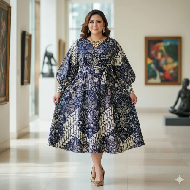 Model Dress Batik Lengan Bishop untuk Plus Size