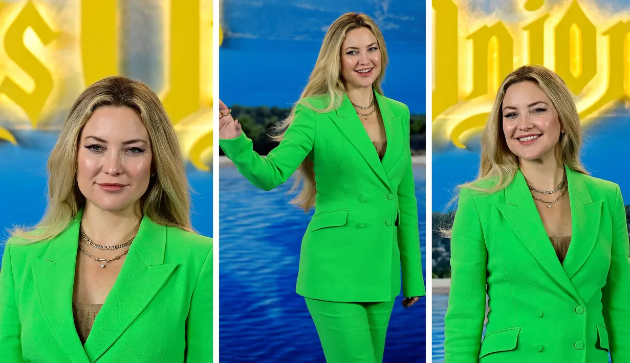 Foto kolase Kate Hudson saat menghadiri pemutaran perdana film "Glass Onion: a knife out misteri" di Madrid, pada 19 Oktober 2022. (AFP/Javier Soriano)