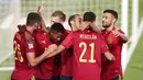 Pemain Spanyol, Ansu Fati, mencetak gol ke gawang Ukraina pada laga UEFA Nations League Estadio Alfredo Di Stefano, Senin (7/9/2020). Spanyol menang 4-0 atas Ukraina. (AP Photo/Bernat Armangue)