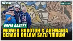 Bobotoh dan Aremania duduk berdampingan dalam satu tribun saat laga Persib vs Arema di Stadion GBLA, Bandung, Jumat (24/4/2026), menghadirkan suasana damai dan tanpa insiden di tengah rivalitas.