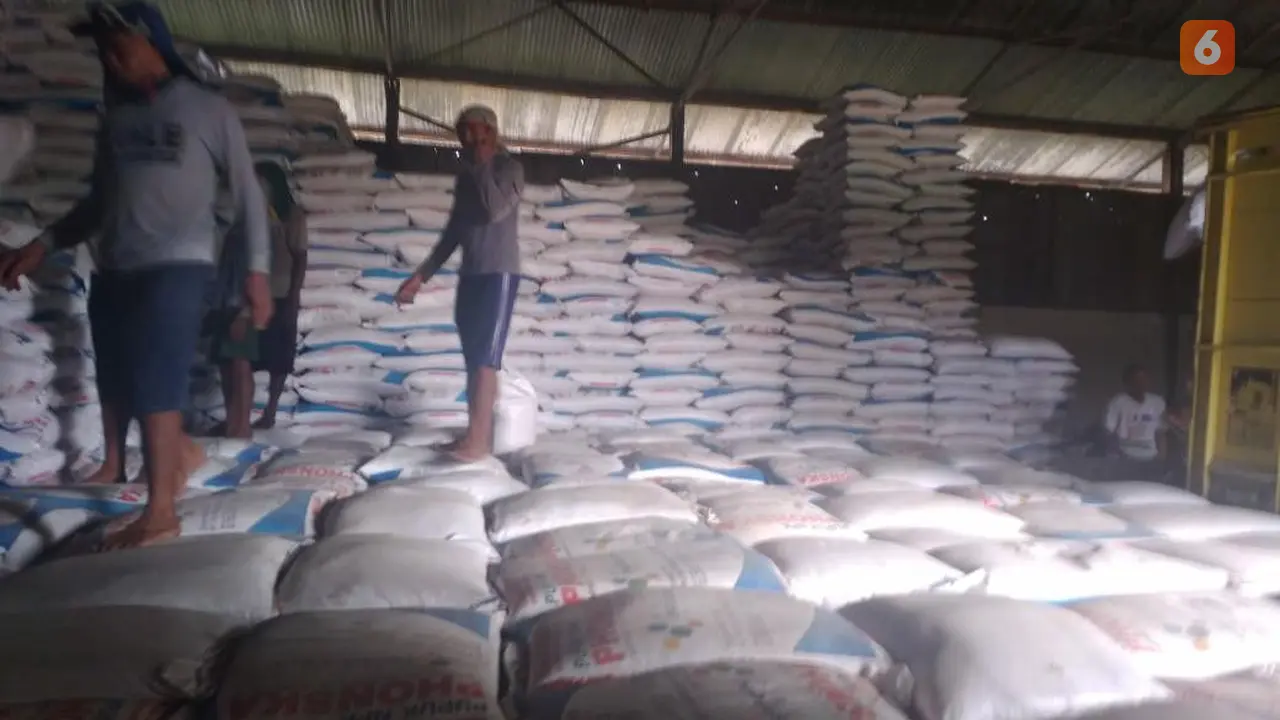 Tumpukan pupuk subsidi melimpah di salah satu gudang penyangga PT Petrokimia Gresik yang berada di Kabupaten Blora (Liputan6.com/Ahmad Adirin)