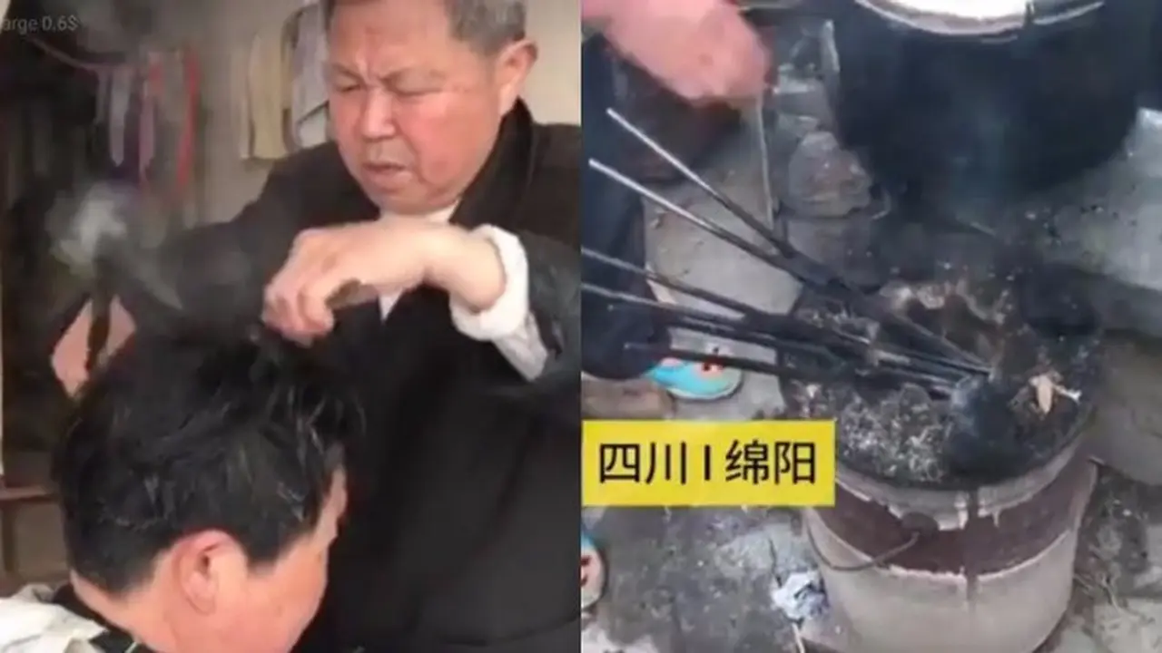 Aksi Kakek Cukur Rambut Pakai Besi Panas Bikin Netizen Takjub