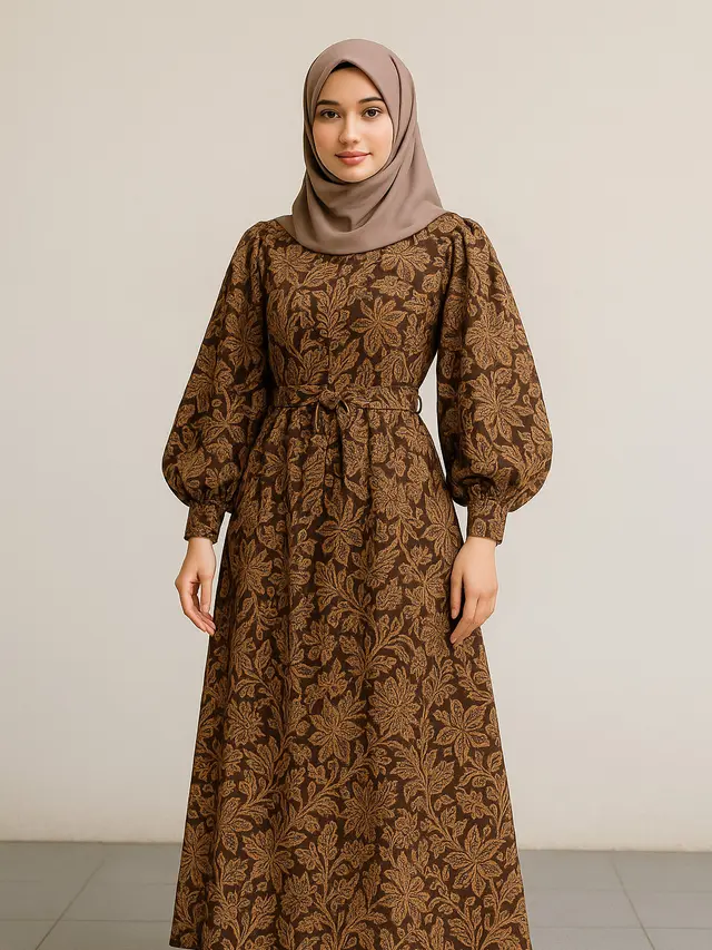 Model Gamis Batik Lengan Balon Syar’i Kekinian