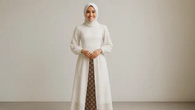 Model Long Dress Brokat Kombinasi Batik Modern Lengan Bishop/Ilustrasi Gambar AI