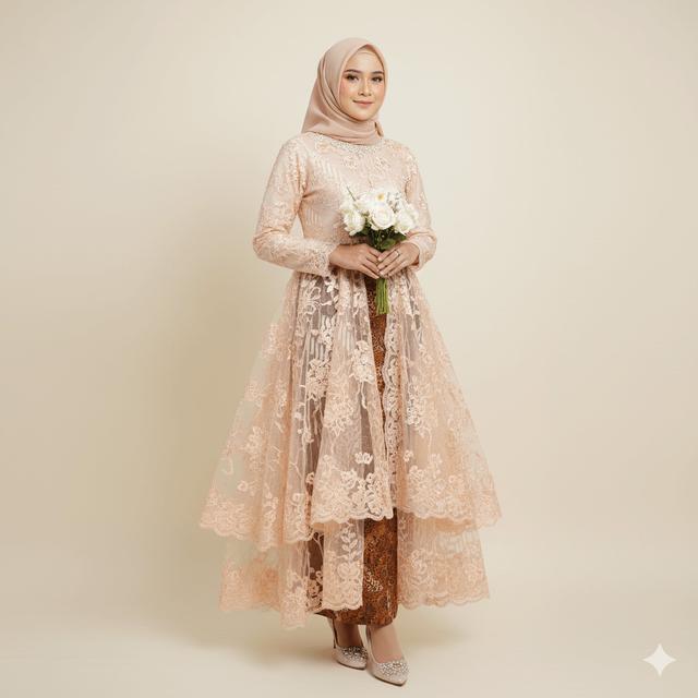 7 Gamis Batik Kombinasi Tule Brokat Warna Soft untuk Acara Akad ...