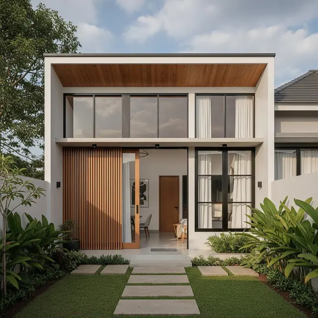 Rumah Kecil Bergaya Modern dengan Atap Datar dan Fasad Simpel
