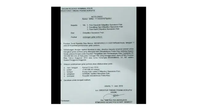 Nota dinas Bareskrim Mabes Polri terkait status Wakil Bupati Bengkalis Muhammad yang beredar luas di masyarakat.