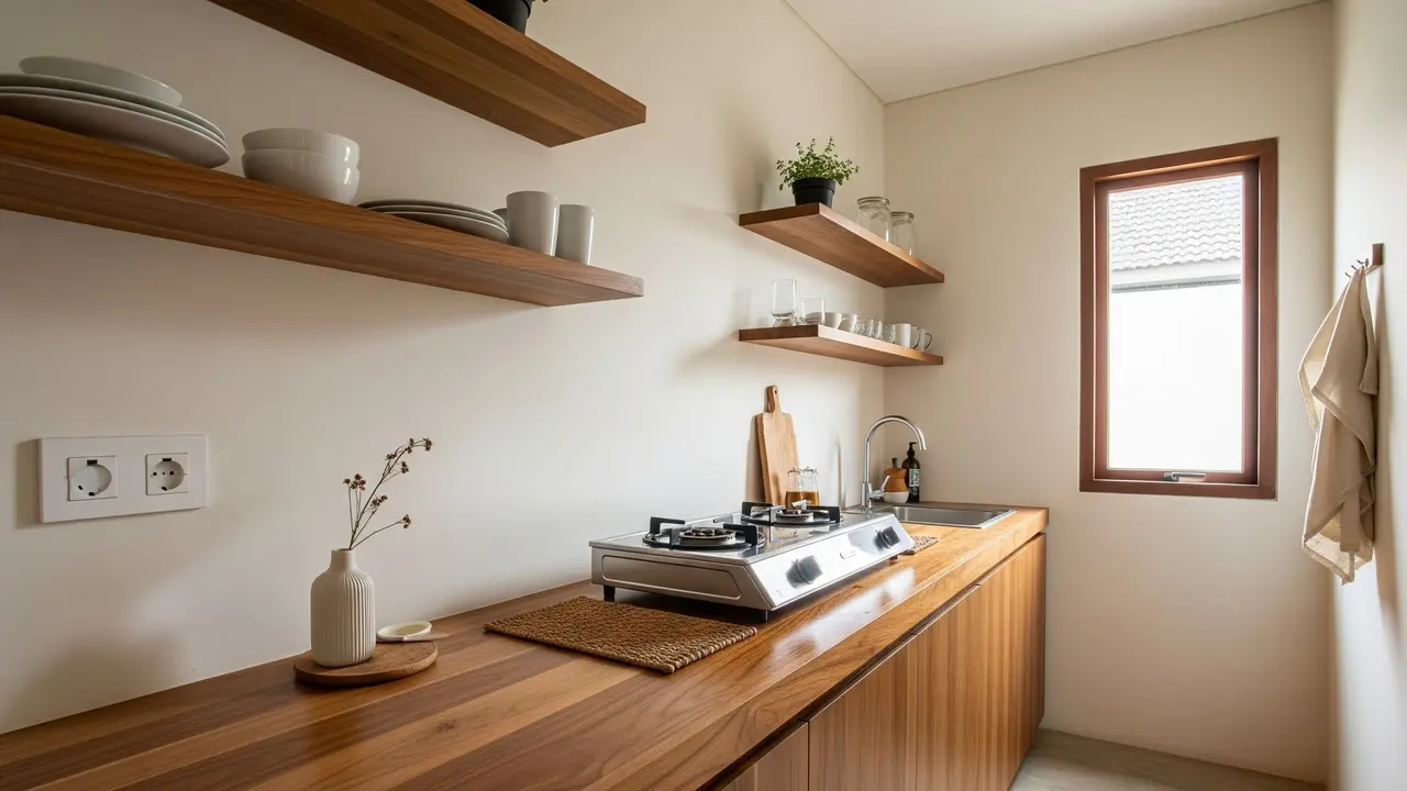 Dapur Minimalis Tanpa Kitchen Set dengan Meja Kayu Oak